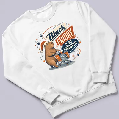 Retro graphic of a capybara with the text 'Black Friday Is My Favorite' in various colors. — printed on a unisex sweatshirt