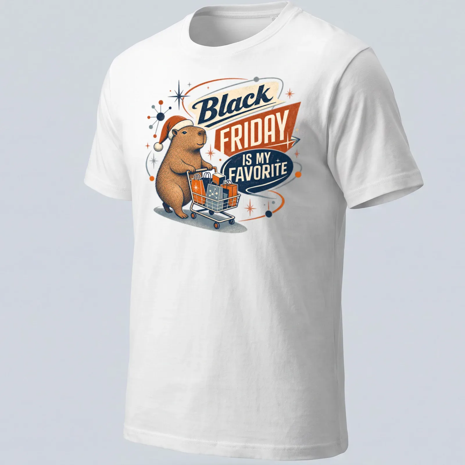 Retro graphic of a capybara with the text 'Black Friday Is My Favorite' in various colors. — printed on a unisex t-shirt