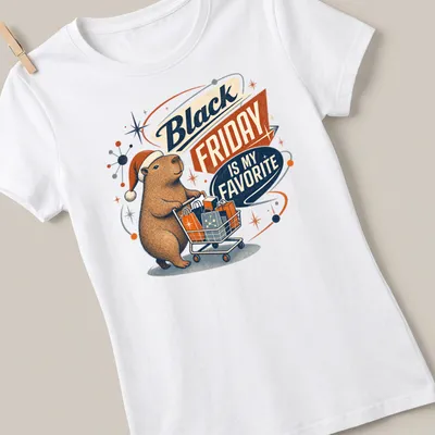 Retro graphic of a capybara with the text 'Black Friday Is My Favorite' in various colors. — printed on a women's shirt