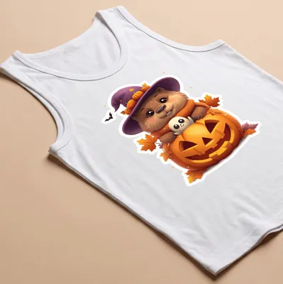 Kawaii capybara in a witch's hat with pumpkin and autumn leaves — printed on a tank top