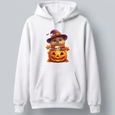 Kawaii capybara in a witch's hat with pumpkin and autumn leaves — printed on a unisex hoodie