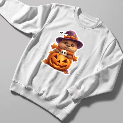 Kawaii capybara in a witch's hat with pumpkin and autumn leaves — printed on a unisex sweatshirt