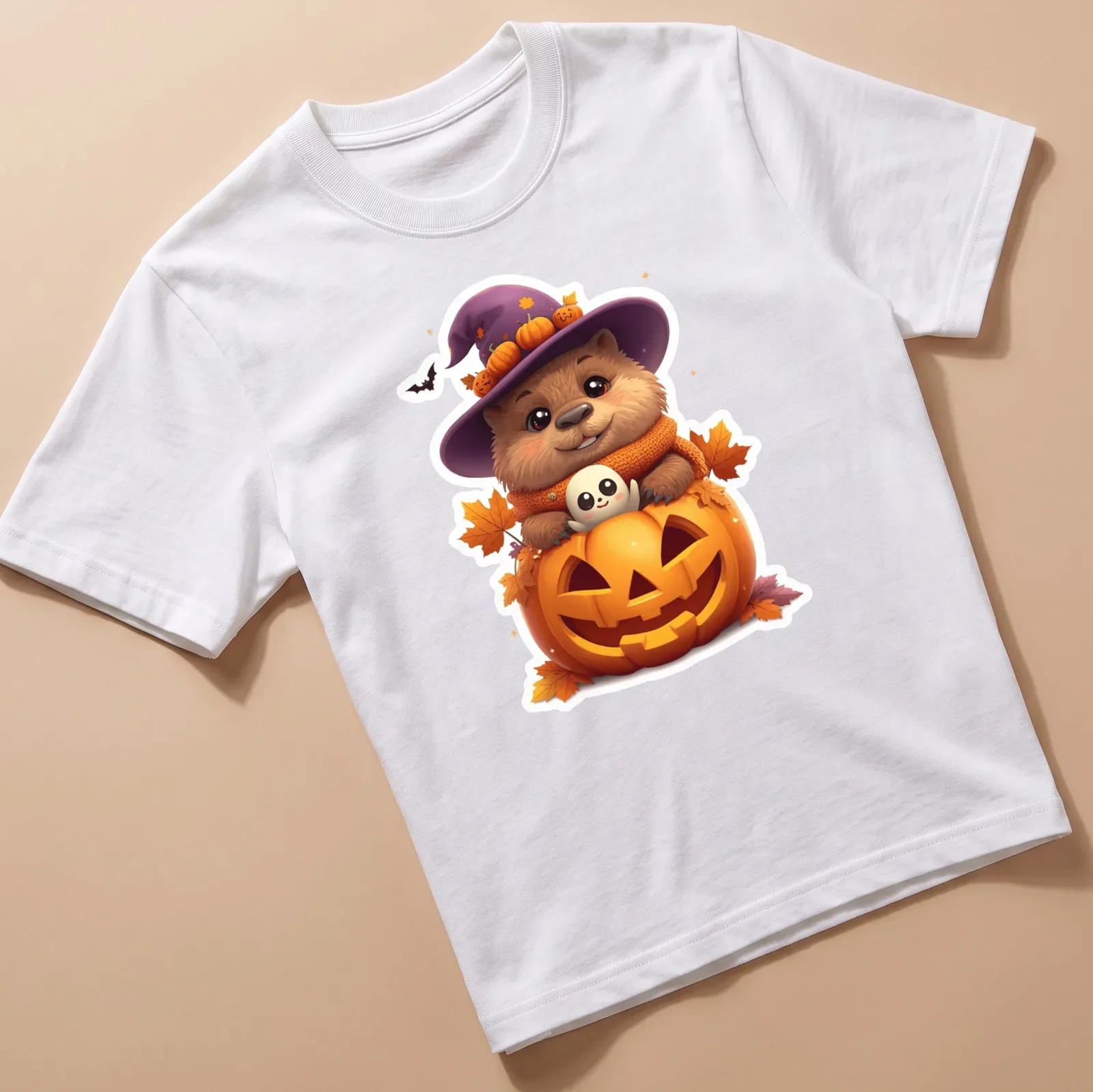 Kawaii capybara in a witch's hat with pumpkin and autumn leaves — printed on a unisex t-shirt
