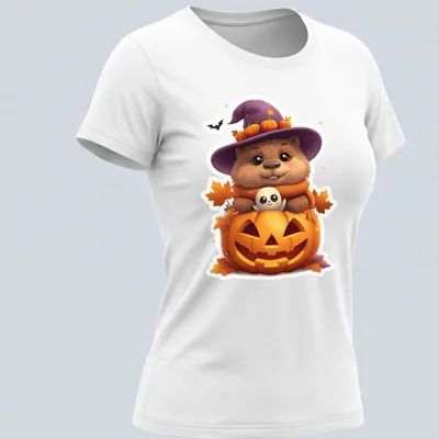 Kawaii capybara in a witch's hat with pumpkin and autumn leaves — printed on a women's shirt