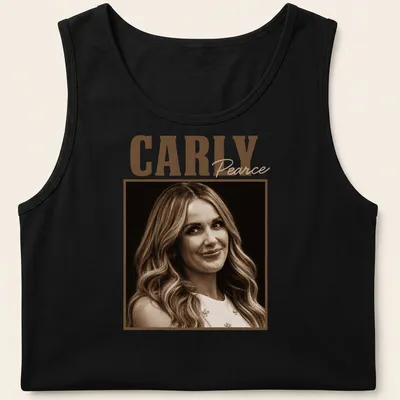 Sepia tone t-shirt featuring Carly Pearce's name and portrait in warm shades — printed on a tank top