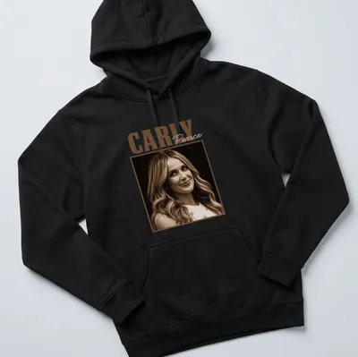 Sepia tone t-shirt featuring Carly Pearce's name and portrait in warm shades — printed on a unisex hoodie