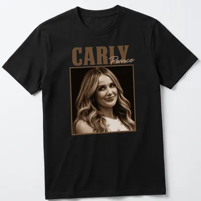 Sepia tone t-shirt featuring Carly Pearce's name and portrait in warm shades