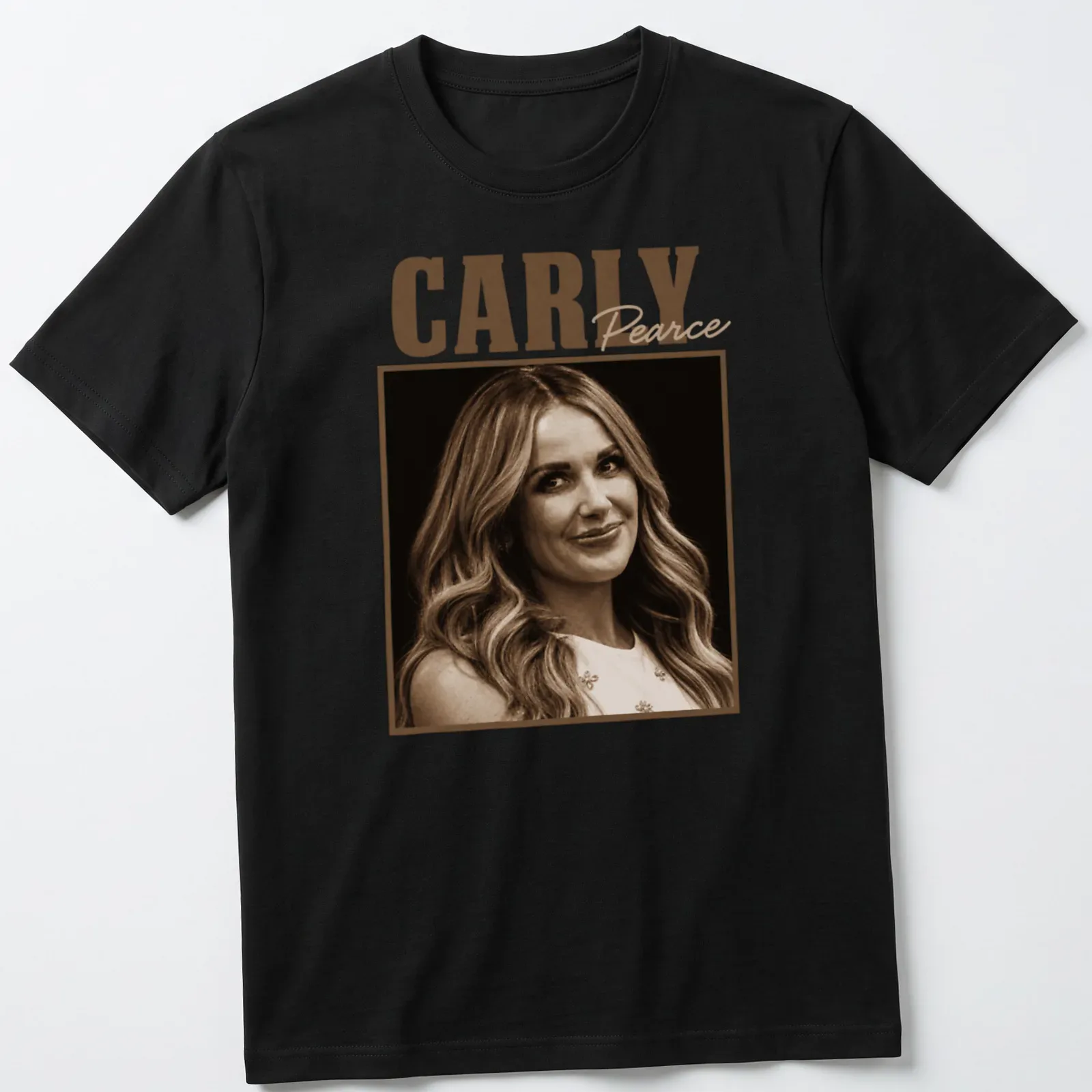 Sepia tone t-shirt featuring Carly Pearce's name and portrait in warm shades — printed on a unisex t-shirt