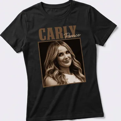 Sepia tone t-shirt featuring Carly Pearce's name and portrait in warm shades — printed on a women's shirt