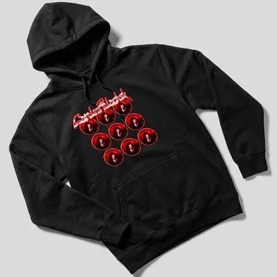 Bold typography featuring Caroline Polachek within a red frame pattern. — printed on a unisex hoodie