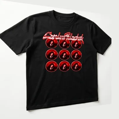 Bold typography featuring Caroline Polachek within a red frame pattern. — printed on a unisex t-shirt (angled view)