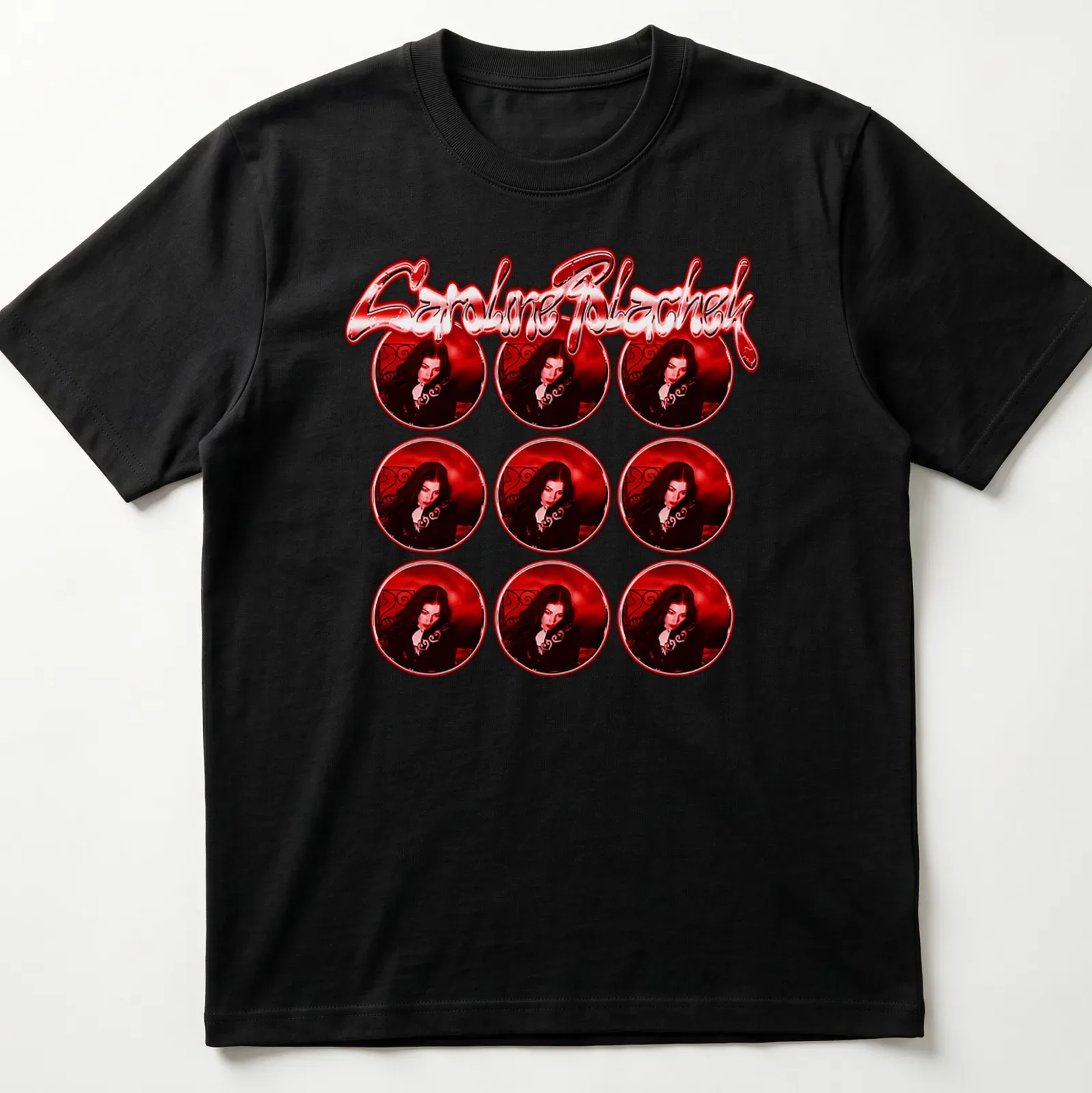 Bold typography featuring Caroline Polachek within a red frame pattern. — printed on a unisex t-shirt