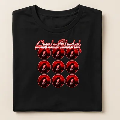 Bold typography featuring Caroline Polachek within a red frame pattern. — printed on a women's shirt