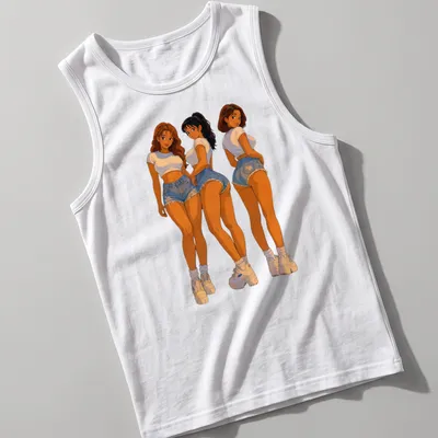 Cartoon pin-up trio in denim shorts, drawn in playful anime style — printed on a tank top