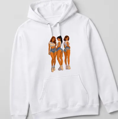 Cartoon pin-up trio in denim shorts, drawn in playful anime style — printed on a unisex hoodie