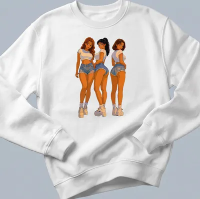 Cartoon pin-up trio in denim shorts, drawn in playful anime style — printed on a unisex sweatshirt