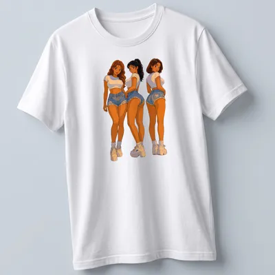 Cartoon pin-up trio in denim shorts, drawn in playful anime style