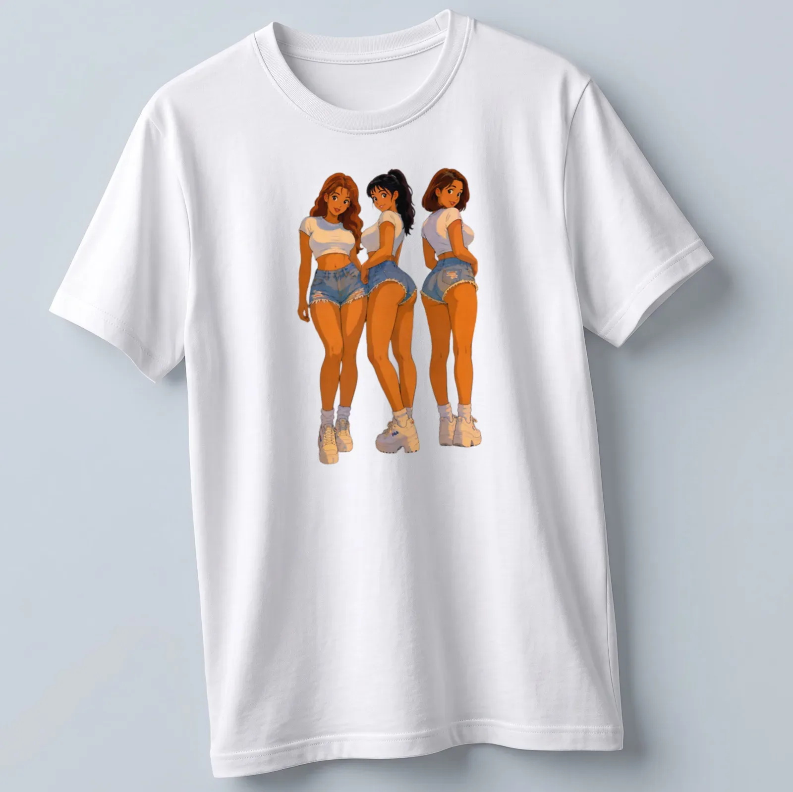 Cartoon pin-up trio in denim shorts, drawn in playful anime style — printed on a unisex t-shirt