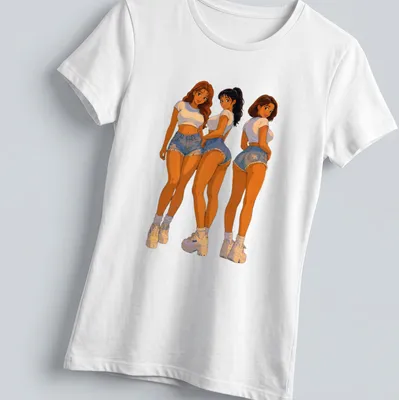 Cartoon pin-up trio in denim shorts, drawn in playful anime style — printed on a women's shirt