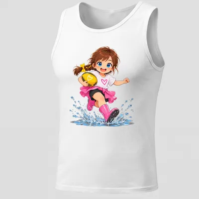Kawaii cartoon character jumping in muddy puddle with rugby ball — printed on a tank top