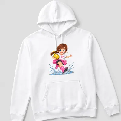 Kawaii cartoon character jumping in muddy puddle with rugby ball — printed on a unisex hoodie