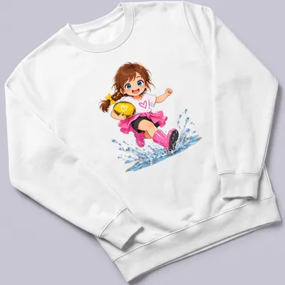 Kawaii cartoon character jumping in muddy puddle with rugby ball — printed on a unisex sweatshirt