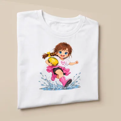 Kawaii cartoon character jumping in muddy puddle with rugby ball — printed on a unisex t-shirt (angled view)