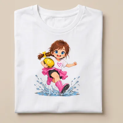 Kawaii cartoon character jumping in muddy puddle with rugby ball
