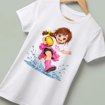Kawaii cartoon character jumping in muddy puddle with rugby ball — printed on a women's shirt