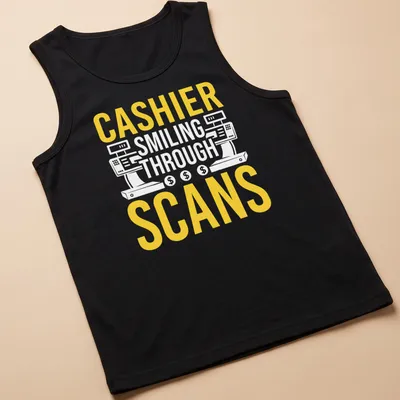 Bold typography T-shirt with the text 'CASHIER SMILING THROUGH SCANS' in yellow and white — printed on a tank top