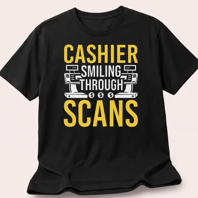 Bold typography T-shirt with the text 'CASHIER SMILING THROUGH SCANS' in yellow and white