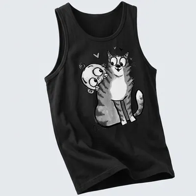 Kawaii line-art depicting a baby reaching for a curious cat with the text 'Baby Meets Cat' — printed on a tank top