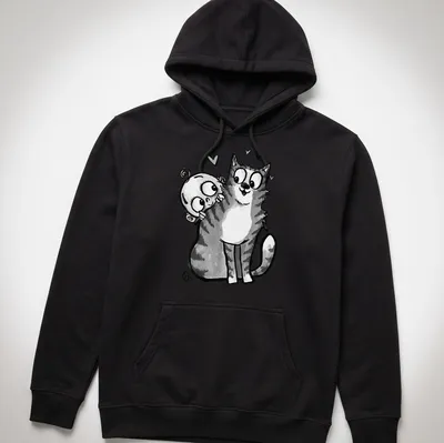 Kawaii line-art depicting a baby reaching for a curious cat with the text 'Baby Meets Cat' — printed on a unisex hoodie