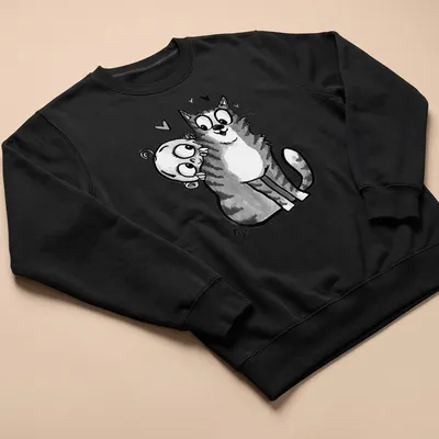 Kawaii line-art depicting a baby reaching for a curious cat with the text 'Baby Meets Cat' — printed on a unisex sweatshirt