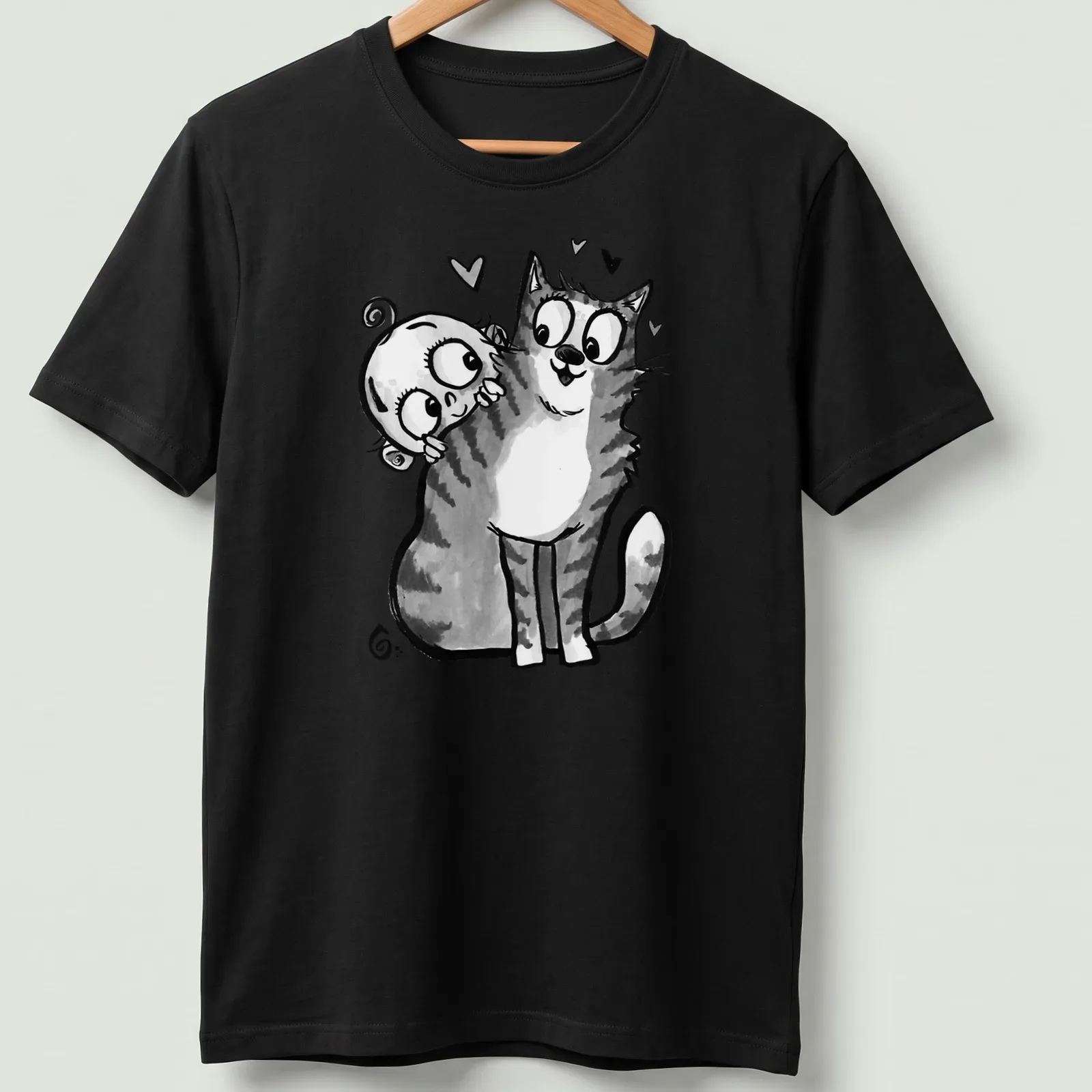 Kawaii line-art depicting a baby reaching for a curious cat with the text 'Baby Meets Cat' — printed on a unisex t-shirt