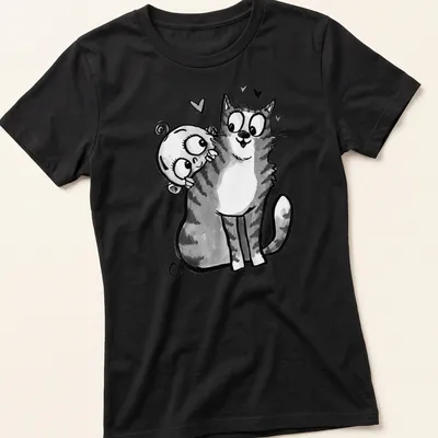 Kawaii line-art depicting a baby reaching for a curious cat with the text 'Baby Meets Cat' — printed on a women's shirt