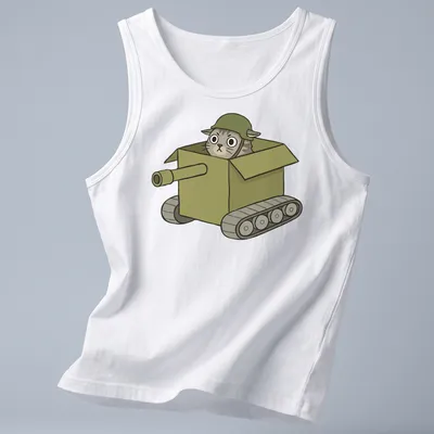 Cartoon of a cat in a tank-shaped box, with playful colors of green, gray, and brown. — printed on a tank top