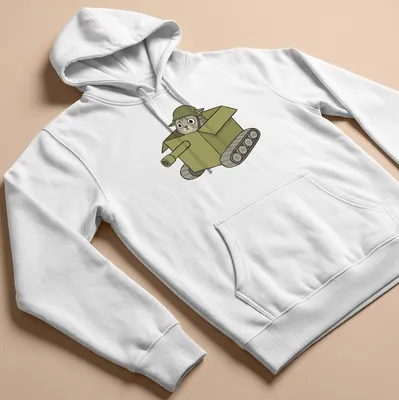 Cartoon of a cat in a tank-shaped box, with playful colors of green, gray, and brown. — printed on a unisex hoodie
