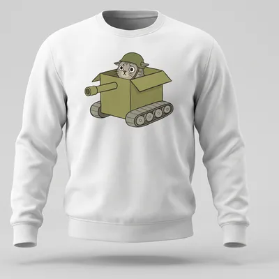 Cartoon of a cat in a tank-shaped box, with playful colors of green, gray, and brown. — printed on a unisex sweatshirt