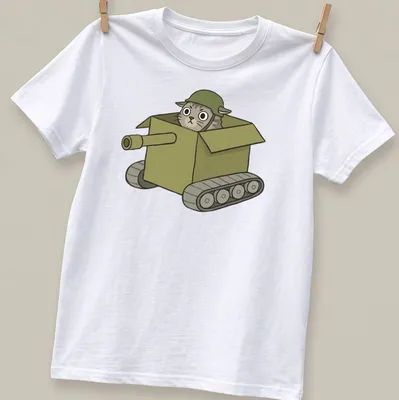 Cartoon of a cat in a tank-shaped box, with playful colors of green, gray, and brown.
