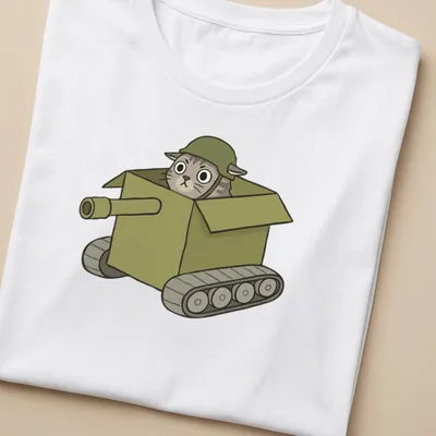 Cartoon of a cat in a tank-shaped box, with playful colors of green, gray, and brown. — printed on a women's shirt