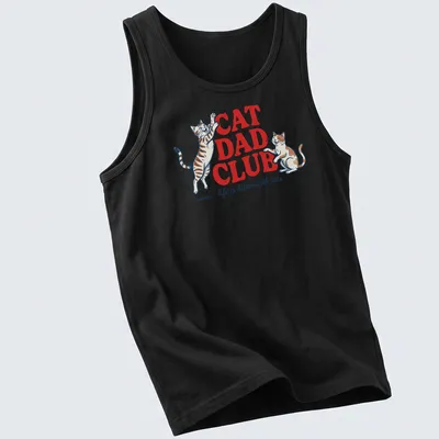 Retro cat dad graphic with two playful cats and colorful lettering — printed on a tank top