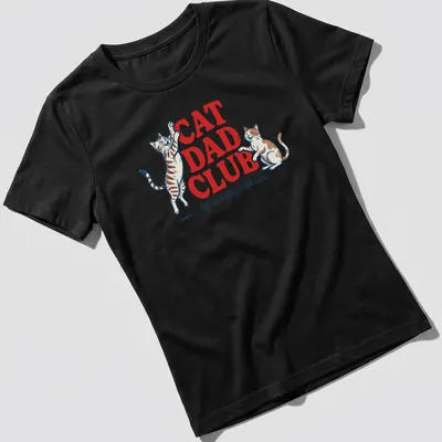 Retro cat dad graphic with two playful cats and colorful lettering — printed on a women's shirt