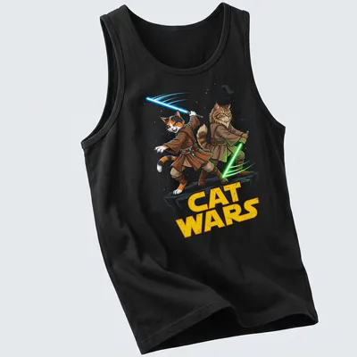 Colorful cartoon cats in Jedi robes wielding lightsabers for Cat Wars — printed on a tank top