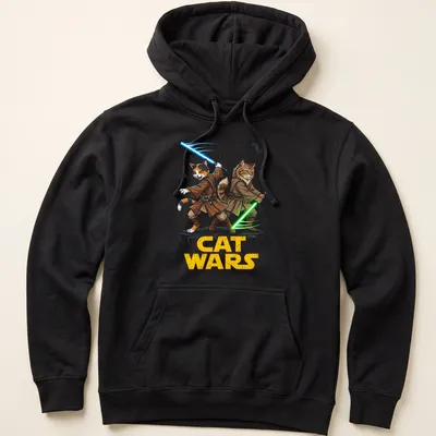 Colorful cartoon cats in Jedi robes wielding lightsabers for Cat Wars — printed on a unisex hoodie