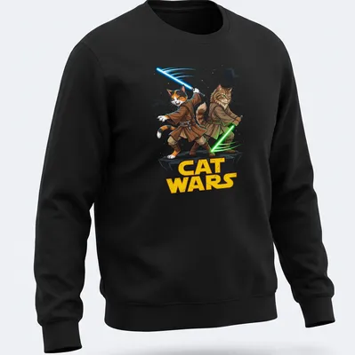 Colorful cartoon cats in Jedi robes wielding lightsabers for Cat Wars — printed on a unisex sweatshirt