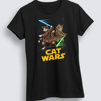 Colorful cartoon cats in Jedi robes wielding lightsabers for Cat Wars — printed on a women's shirt