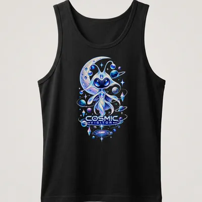 Whimsical alien character design with the text 'COSMIC VISITOR' in vibrant cosmic colors. — printed on a tank top