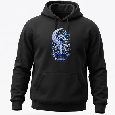 Whimsical alien character design with the text 'COSMIC VISITOR' in vibrant cosmic colors. — printed on a unisex hoodie