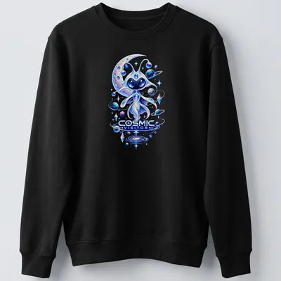 Whimsical alien character design with the text 'COSMIC VISITOR' in vibrant cosmic colors. — printed on a unisex sweatshirt